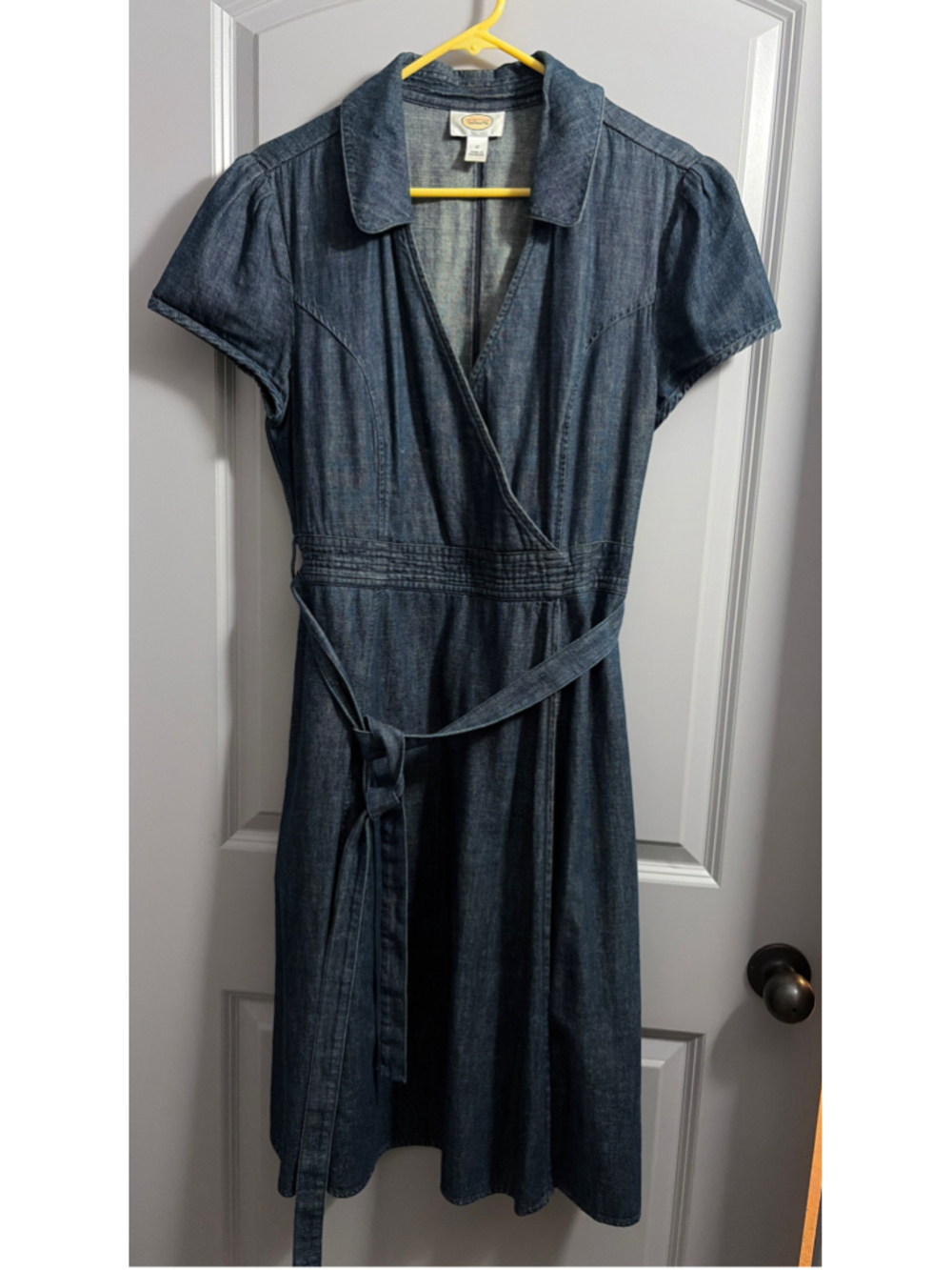Y2k Talbots Blue Chambray Denim Short Sleeve Wrap Dress V-Neck Tie Waist S-12